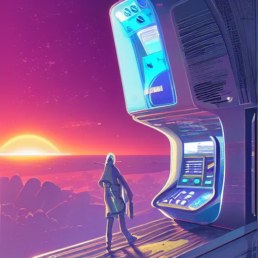 Prompt: An Illustration of a futuristic ATM of Solana cryptocurrency, by James Gilleard and Bruce Pennington, highly detailed,