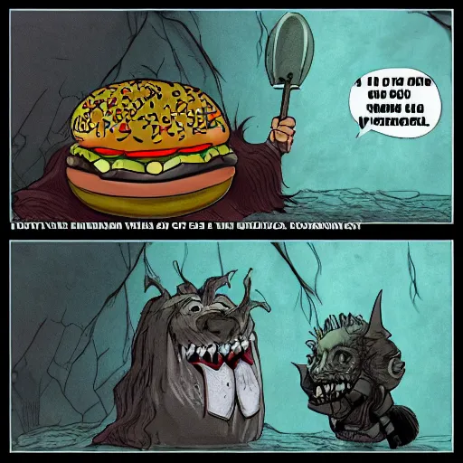 Prompt: lord of the rings scene with the scary cheeseburger and donut monster