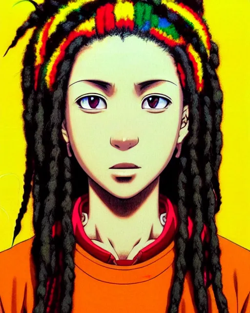 Image similar to portrait Anime 1984 Rasta Girl wearing-rasta-clothes Soft fine face pretty face, realistic shaded Perfect face, fine details. Anime. background: Los-Angeles San-Francisco; hyperrealistic by Ilya Kuvshinov katsuhiro otomo ghost-in-the-shell, magali villeneuve, artgerm, rutkowski Jeremy Lipkin and Giuseppe Dangelico Pino and Michael Garmash and Rob Rey