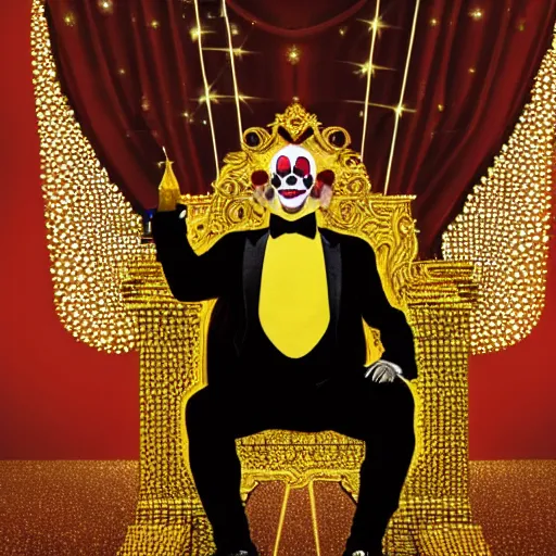 Prompt: shining giant throne made of millions of diamonds, gold and zaphires with thousands of light reflections, and a clown on a tuxedo suit is sitting on the throne while handing a golden balloon, dramatic light