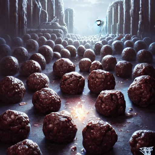 Image similar to salty chocolate meatballs, there are ruins of ancient civilization, ultra high definition, ultra detailed, symmetry, sci - fi, dark fantasy, in style of heavy metal comic, dark and horror style, metal by greg rutkowski and ross tran