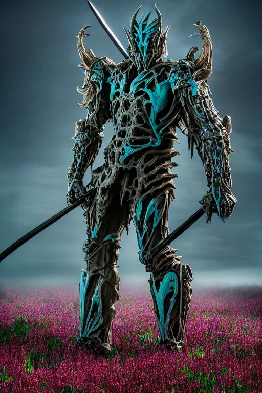 Image similar to neo - gothic giant muscular humanoid chimera, exoskeleton armor, holding katana, standing in a field of flowers, highly detailed smooth concept art masterpiece, vitaly bulgarov giger dramatic dark teal light, ground angle hd 8 k, sharp focus