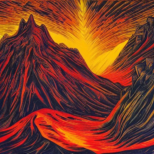 Prompt: vulcano, lava, trees on fire by dan mumford and umberto boccioni, oil on canvas