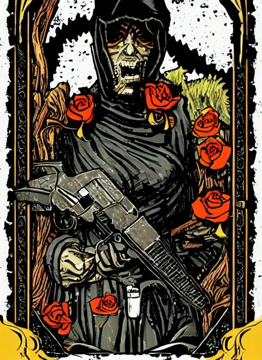 Image similar to tarot card :: horror :: killer gun :: blood and roses :: by Yurtsev and Darkchylde