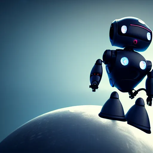 Image similar to a little cute robot flies around the earth. super realistic 8 k render of a dark hooded powerful elegant, cinematic composition