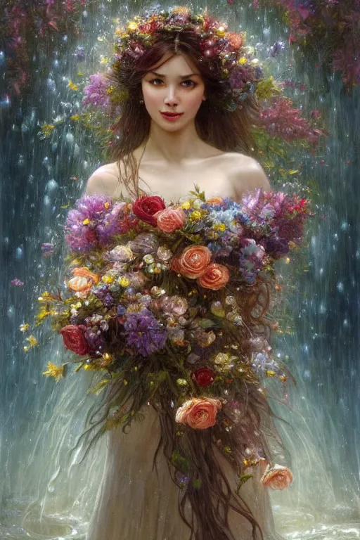 Image similar to portrait of a beautiful mysterious woman holding a bouquet of flowing flowers, wet dripping long hair, hands hidden under the bouquet, emerging from the water, fantasy, regal, intricate, by stanley artgerm lau, greg rutkowski, thomas kindkade, alphonse mucha, loish, norman rockwell