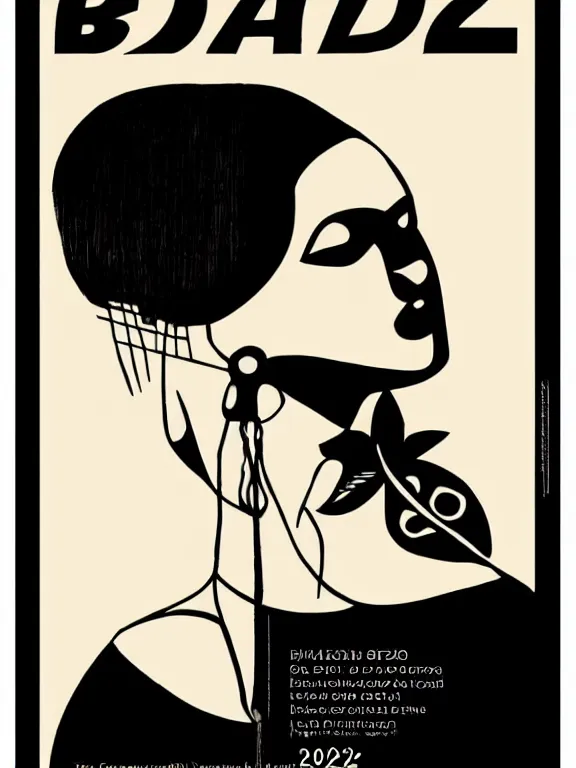 Prompt: the 2022 Brazilian Modern Art Week poster. The poster style is modernism and the details are minimal. The poster features a black and white image of a woman's face. The woman has her hair pulled back in a bun and she is wearing a pearl necklace. Her expression is one of contentment and serenity. The background of the poster is a light beige color. At the bottom of the poster, in white lettering, is the text Modern Art Week - 2022, designed by George Condo