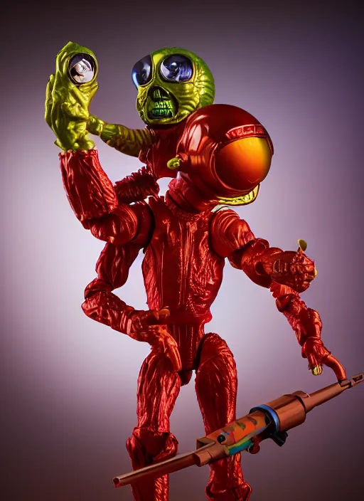 Image similar to hyperrealistic rendering, shiny mars attacks martian by and richard corben and jeff easley, product photography, action figure, sofubi, studio lighting, colored gels, rimlight, backlight