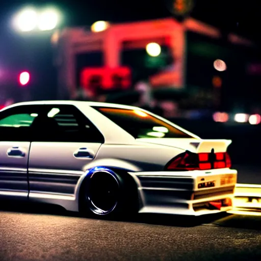 Prompt: a car JZX100 turbo drift at illegal car meet, Shibuya prefecture, midnight mist lights, cinematic color, photorealistic, highly detailed wheels, 200MM