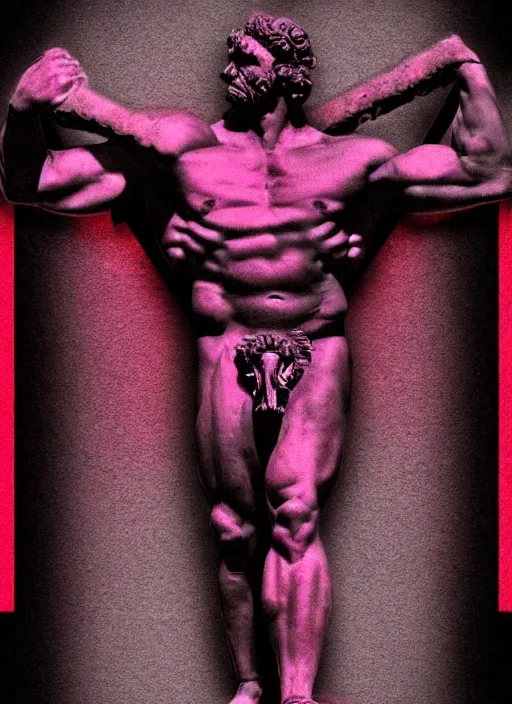 Image similar to black background, statue of hercules, ( ( ( skeleton ) ) ), grey, thin lines, dark, red and purple grid design elements, glitch art, neo vaporwave, gritty, movie poster, layout design, trending on artstation