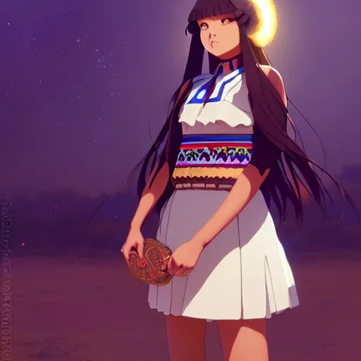 Image similar to a beautiful! plus sized native women instagram model, brown skin, wearing elegant catholic school girl designer fashion with mayan pattern and native style, aztec street fashion, gapmoe yandere grimdark, trending on pixiv fanbox, painted by greg rutkowski makoto shinkai takashi takeuchi studio ghibli, akihiko yoshida