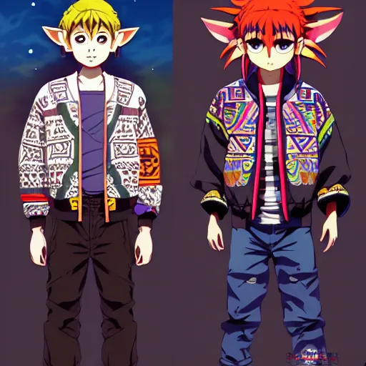 Image similar to majora majora's mask wearing oversized mayan bomber jacket with overalls, bulky poofy bomber jacket with mayan patterns, aztec street fashion, genshin impact art style, gapmoe yandere grimdark, trending on pixiv fanbox, painted by greg rutkowski makoto shinkai takashi takeuchi studio ghibli, akihiko yoshida