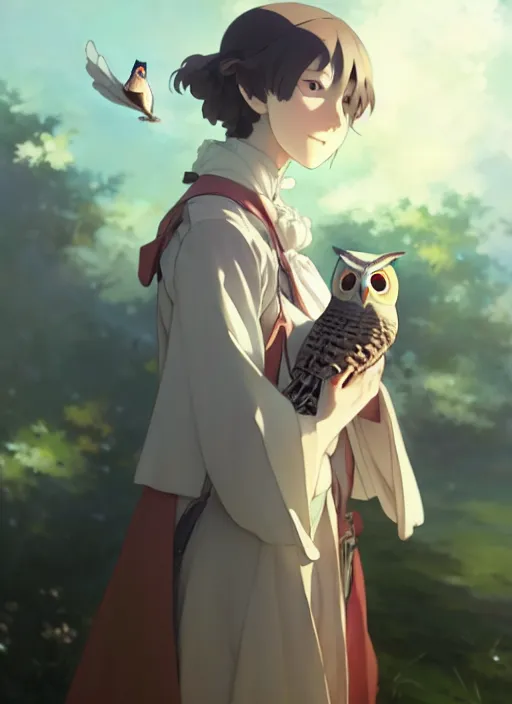 Image similar to florence nightingale with her pet owl in the pocket of her apron, trending on pixiv fanbox, painted by greg rutkowski makoto shinkai takashi takeuchi studio ghibli