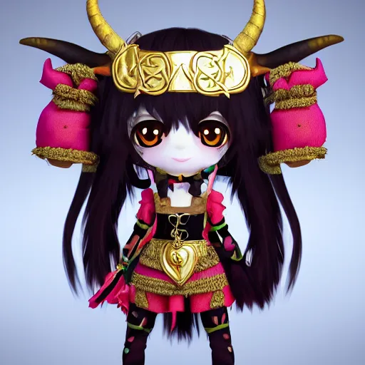 Image similar to cute fumo plush of a goat girl with horns, anime girl, tribal outfit with intricate celtic knot patterns, golden pauldrons, gothic maiden princess, artstation, vray