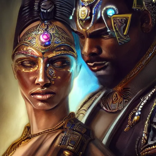 Image similar to HDR portrait photography of The Benevolent Cyborg Queen vertically mirrored above The Evil Cyborg King, ethnic, fantasy, intricate, elegant, highly detailed, African, Egyptian, Aztec, Mayan, digital painting, artstation, HDR photo, smooth, sharp focus, illustration, art by artgerm and greg rutkowski and alphonse mucha