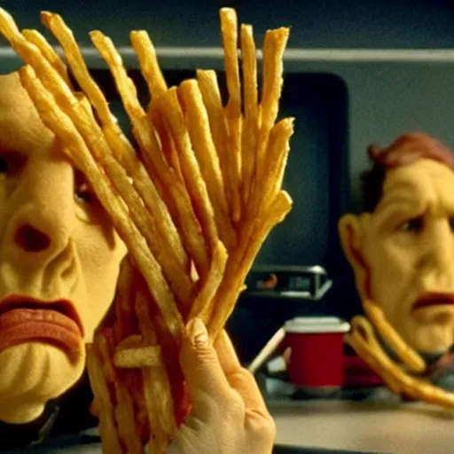 Image similar to Monsters made of French Fries, fighting Star Trek Engineers in the mess, film still from the movie directed by Denis Villeneuve with art direction by Salvador Dalí,