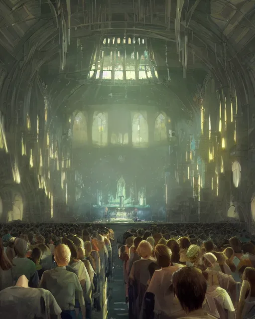 Prompt: craig mullins and ghibli digital illustration of a crowd in a futuristic church, priest, pews, ethereal, inviting, bright, raking light, unreal engine, hyper realism, realistic shading, cinematic composition, realistic render, octane render, detailed textures, photorealistic, wide shot