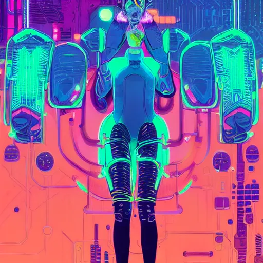 Image similar to portrait of a young mech girl with fluorescent cybernetic implants dripping in a world of neon dreams by james jean and kilian eng
