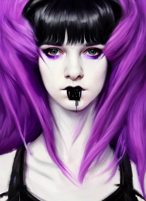 Image similar to portrait of white teenage girl, normal face, black bangs, mall goth, cyberlox, black and white hair, bangs, fluffy bangs, red contacts, purple lipstick, intricate, elegant, highly detailed, digital painting, artstation, concept art, sharp focus, smooth, illustration, art by wlop, mars ravelo and greg rutkowski