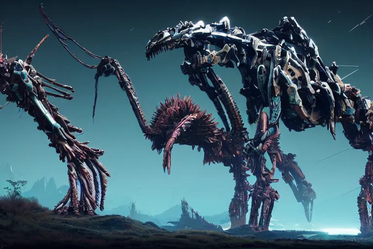 Image similar to wide epic shot. a hyper detailed spikesnout evangelion realistic mechanical and organic creature similar look as horizon forbidden west horizon zero dawn, bioluminiscence in a dark deep forest at dawn in spring, with reflection and textures, by kilian eng, substance painter reaslitic mech surface metal painted scratches, world env from horizon forbidden west horizon zero dawn