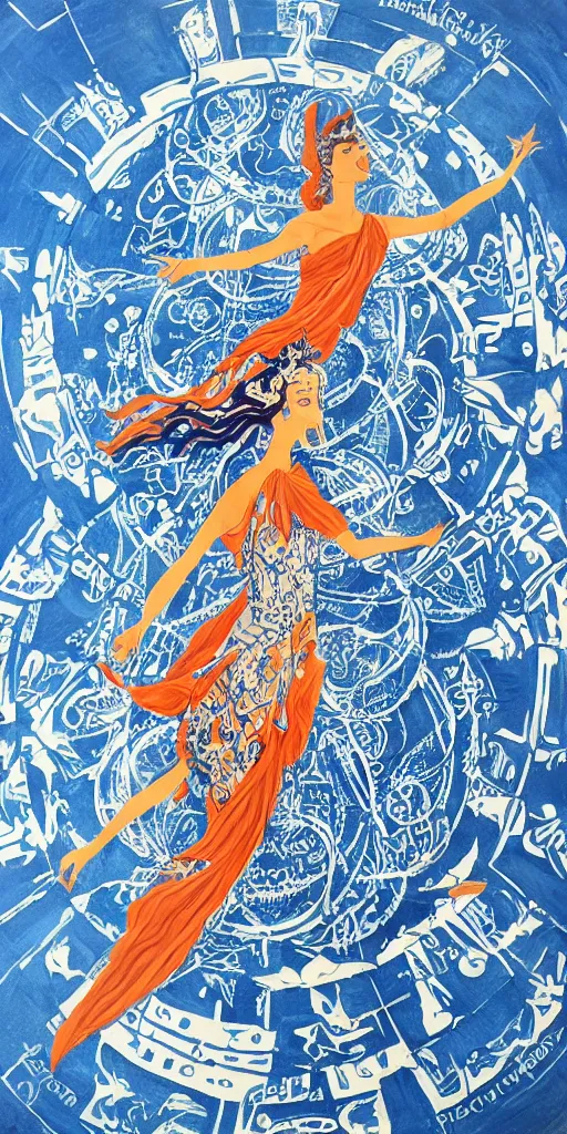 Prompt: full body of princess of mars theme inspired wearing blue and white carved details moving dress, she is floating in the air, planet mars in the background, open sky, highly detailed, mystical, little orange fog, circle forms, iper realistic, paint on canvas