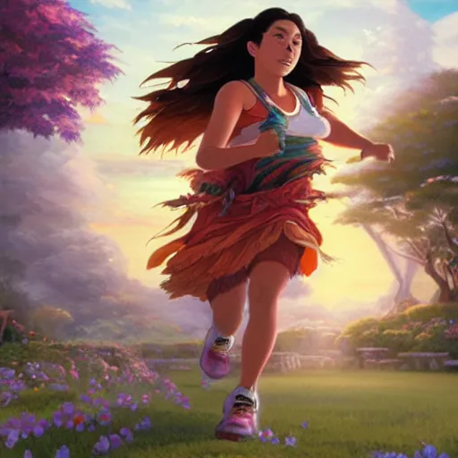 Prompt: portrait of a peruvian woman running, an oil painting by ross tran and thomas kincade, studio ghibli