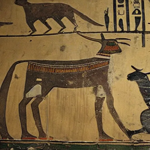 Prompt: ancient egyptian wall painting of a cat and a highland cow.
