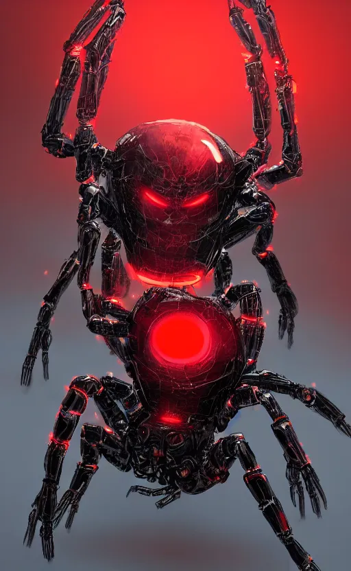 Image similar to a robot humanoid spider with 4 arms with claws, glowing red eyes, in a black carbon and red fiber armor, smiling creepily, dynamic lighting, photorealistic fantasy concept art, trending on art station, stunning visuals, creative, cinematic, ultra detailed