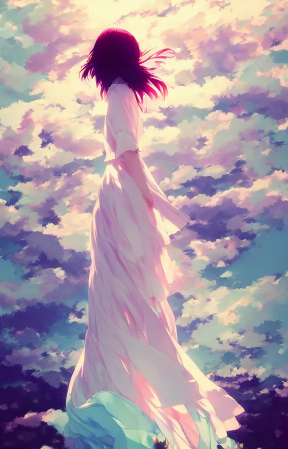 Prompt: a woman standing, flowing white country dress billowing in the wind, vibrant colors, psychadellic colors, matte, art by ilya kuvshinov and kyoto animation and ruan jia and ross tran, studio quality, aniplex,