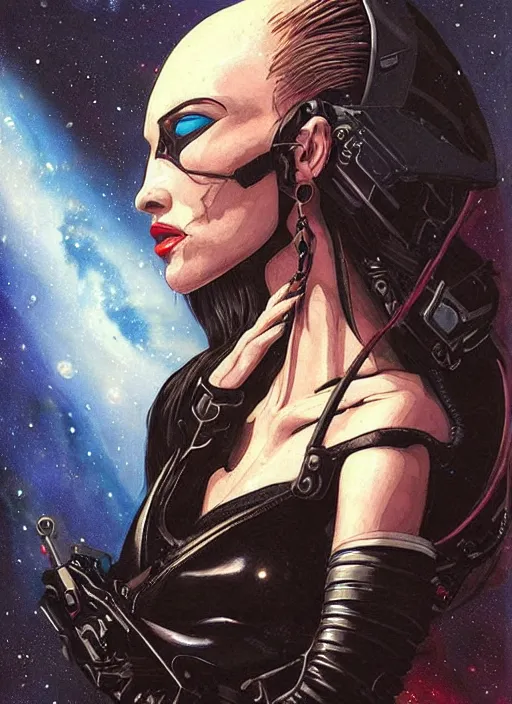 Image similar to portrait of female space pirate, night sky background, beautiful! coherent! by brom, deep color, strong line, high contrast