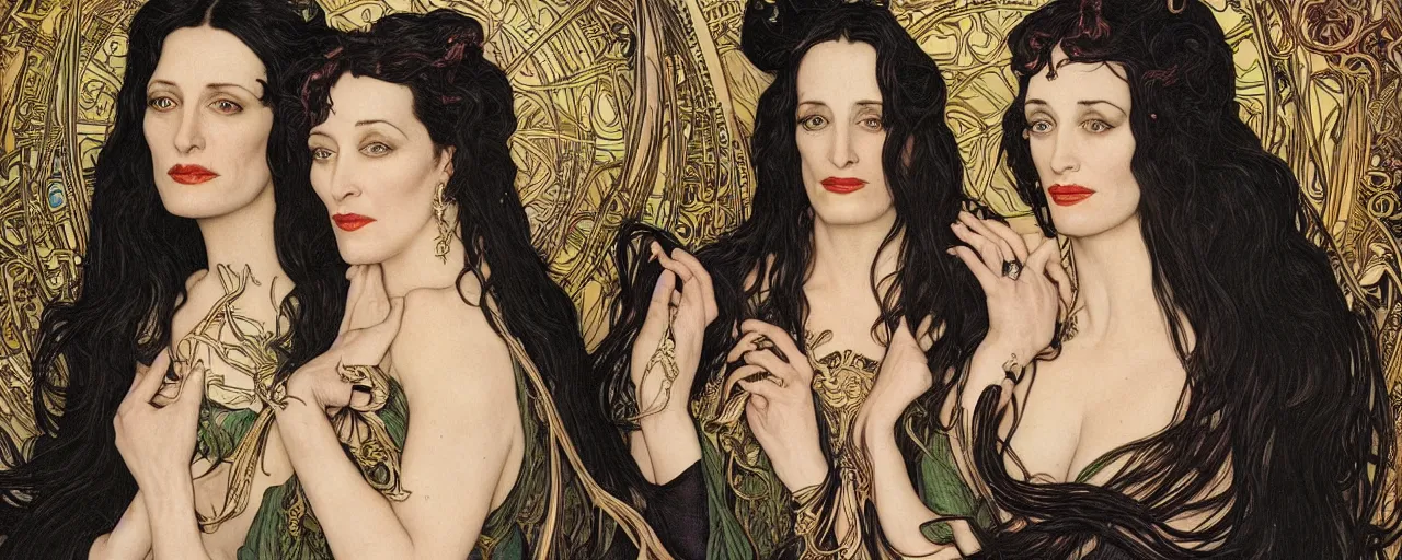 Prompt: stunning hyperdetailed art nouveau portrait of the eva green anjelica huston and morticia addams as the mythological 3 witches, by chris achilleos, michael kaluta and alphonse mucha, photorealism, extremely beautiful, perfect symmetrical facial features, perfect anatomy, strong confident eyes, eldritch powers, witchcraft, magic energy