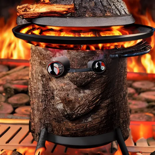 Prompt: a photorealistic photograph of a weber grill with eyes. Wood Log inside. Trending on Artstation, featured on Behance, well-rendered, Unreal Engine, 4K HD