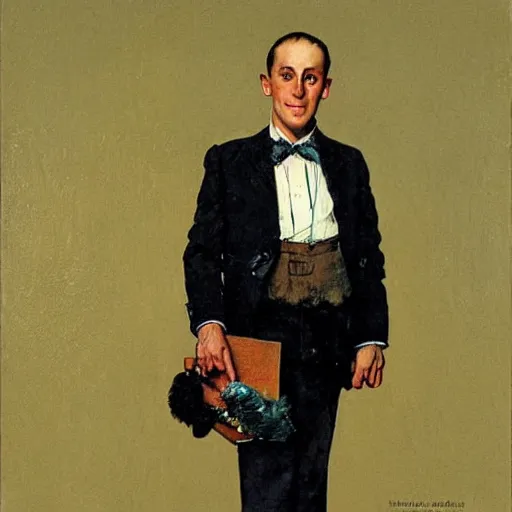 Image similar to Front portrait of a dashing man throwing gang signs. Painting by Norman Rockwell.