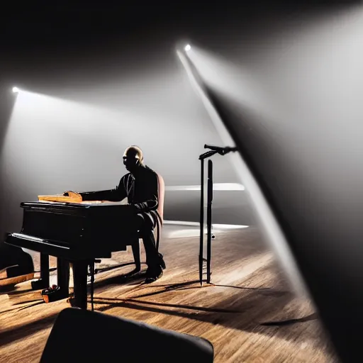 Image similar to stevie wonder sitting at a piano playing music. studio lighting, mood, god rays through fog..