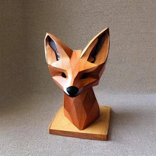Prompt: a fox head sculpture composed by intertwined wooden arabic text, realistic, 3D