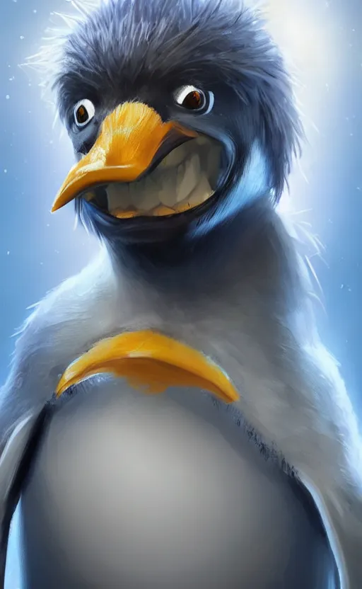 Prompt: big spiky penguin, huge teeth, digital art, artstation, HD 4k, cute penguin face, cinematic portrait