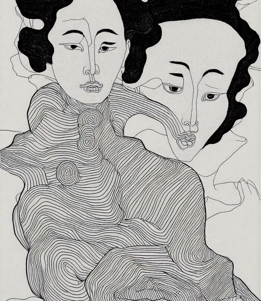 Image similar to detailed line art portrait of sun yatsen, inspired by egon schiele. caricatural, minimalist, bold contour lines, musicality, soft twirls curls and curves, confident personality, raw emotion