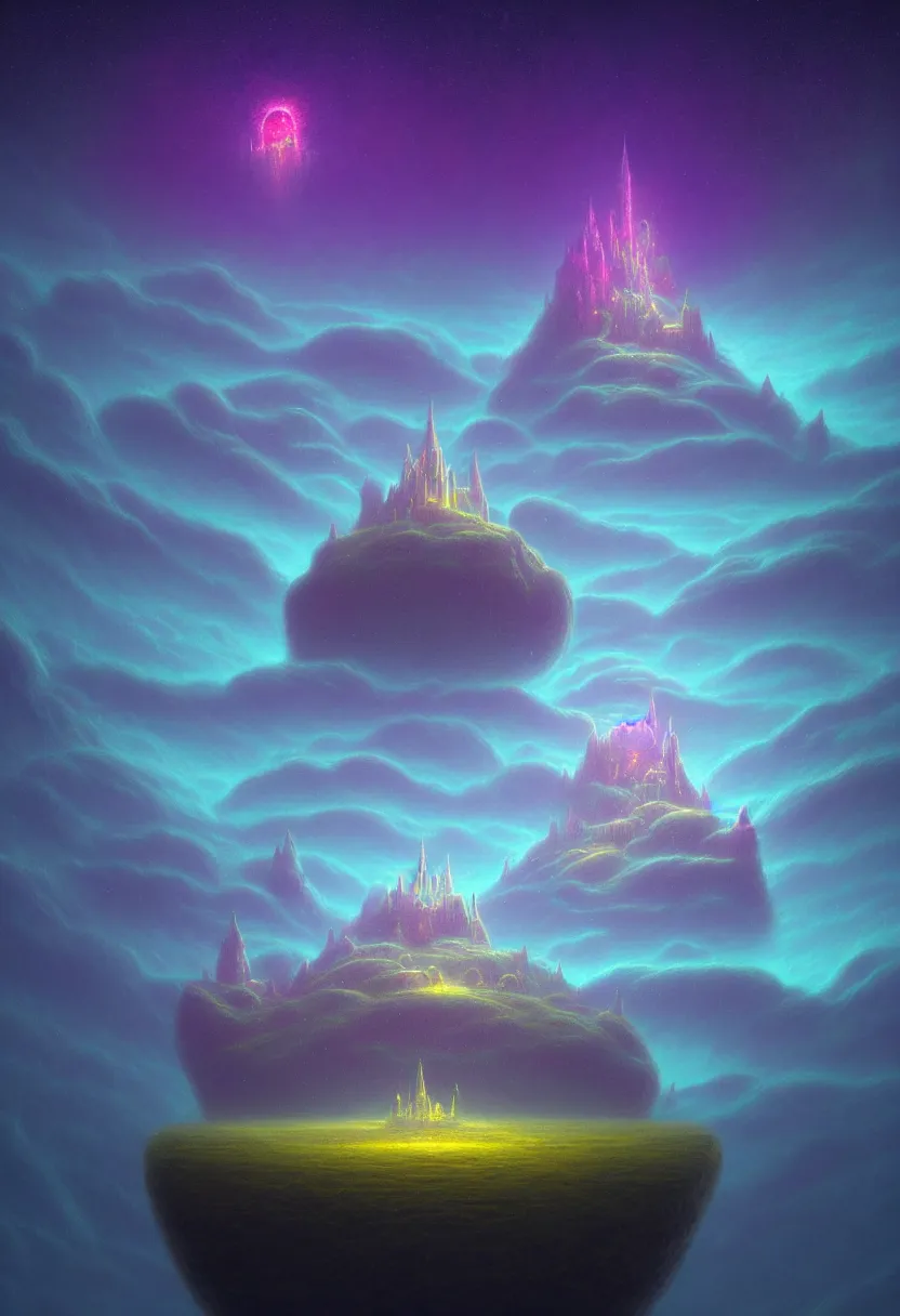 Image similar to an ultra detailed midjourney concept digital art painting of a singular floating island with a castle, flying citadel levitating across space in a misty pearlescent nebula by paul lehr kazumasa uchio situated in a starry expanse of bioluminescent cosmic worlds by beksinski and beeple, ecological art, flying citadel with towers, trending on artstation