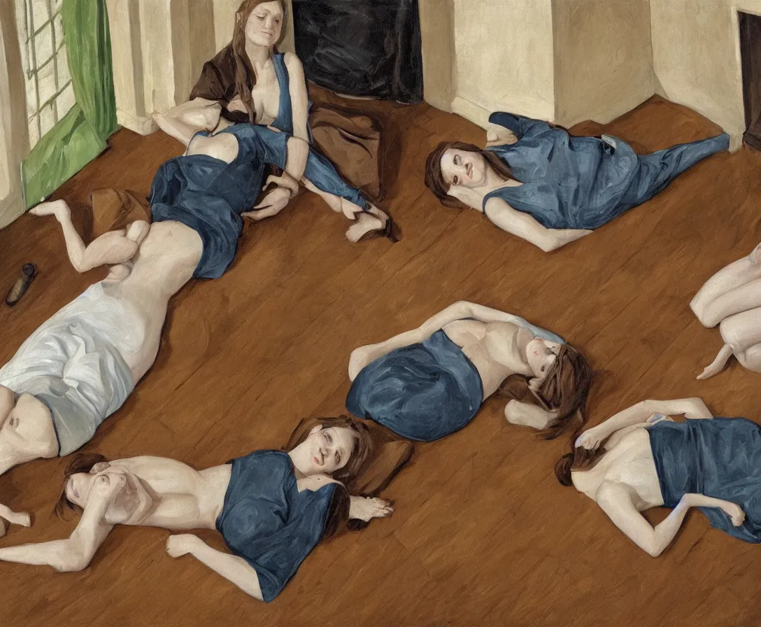 Image similar to portrait of two women lying horizontal, in an empty old english apartment with wooden floor on a brown leather sofa. one is wearing a dark blue sweather, the other a white shirt. brown hair, they are looking into the camera. wide shot. in the style of lucien freud. oil painting. green mood. isometric perspective