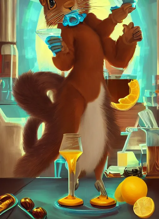 Image similar to squirrel anthro as a dapper bartender with a big fluffy tail, retro futurism, art deco, detailed painterly digital art by Axel Hess, 🐿🍸🍋, furaffinity, trending on artstation