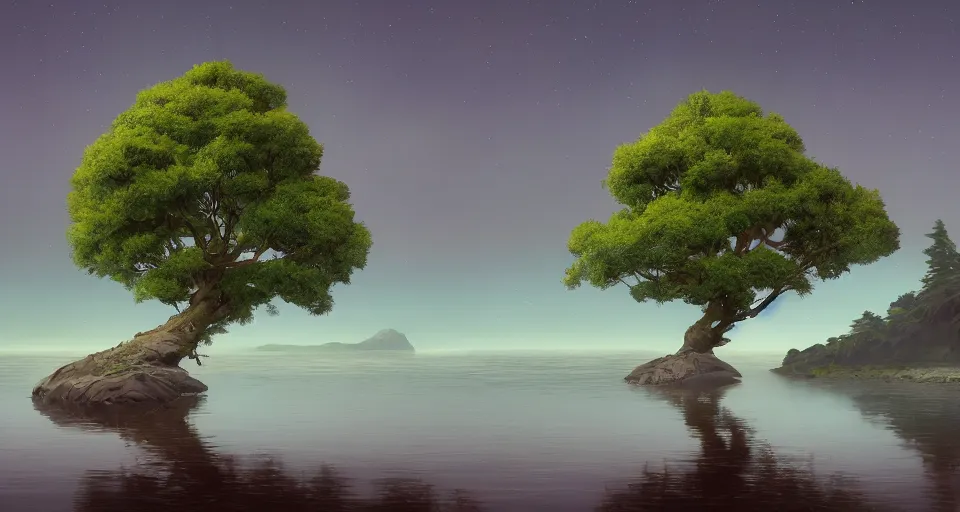 Image similar to a beautiful landscape painting of a tree on an island in a tranquil sea, reflections, night time, long exposure, hyper detailed, digital art, trending in artstation, cinematic lighting, studio quality, smooth render, unreal engine 5 rendered, octane rendered, art style by kurzgesagt and nixeu and ian sprigger and wlop and krenz cushart