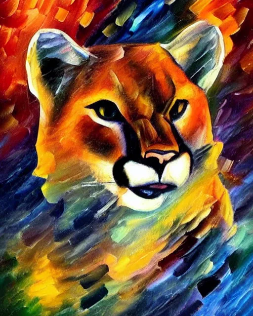 Image similar to cougar in forest at night, shot from drone, grainy, artwork by leonid afremov