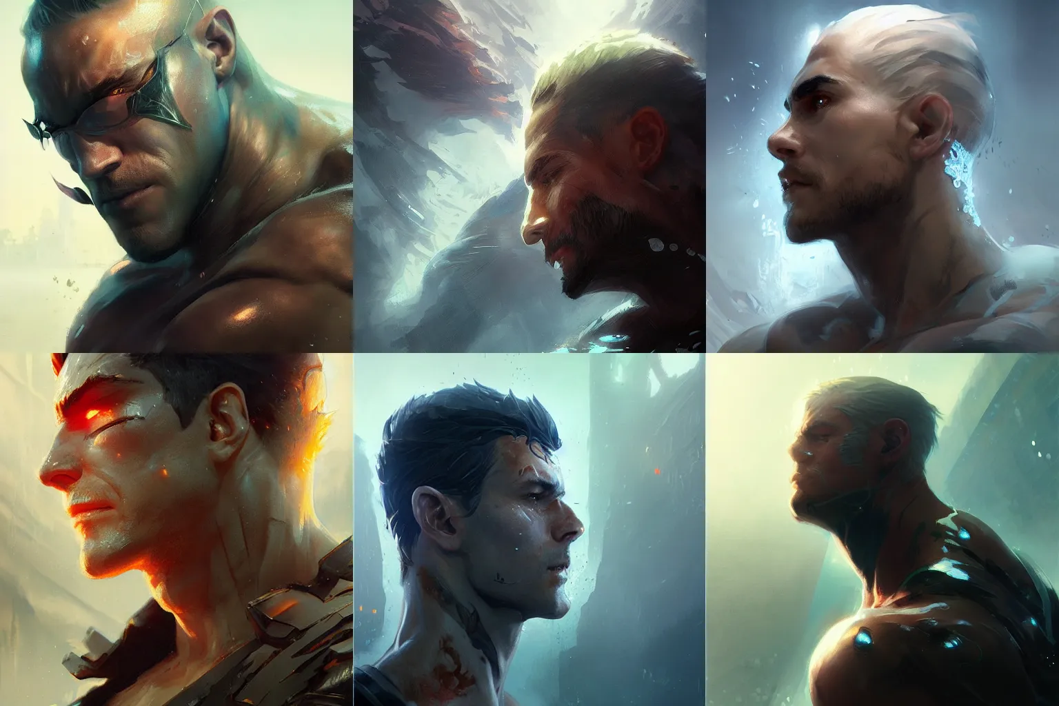 Prompt: profile view, long shot of male hero upside down in water, eyes shut, cinematic lighting, hyper detailed, art by Artgerm, Greg rutkowski, trending on artstation.