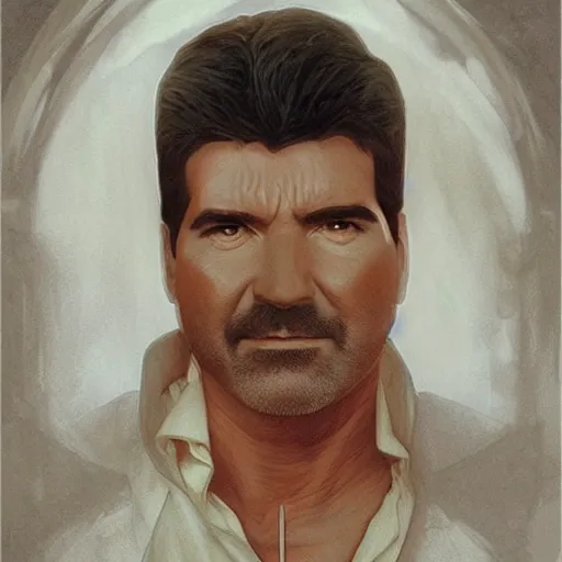 Image similar to amazing lifelike award winning pencil illustration of simon cowell trending on art station artgerm Greg rutkowski alphonse mucha cinematic