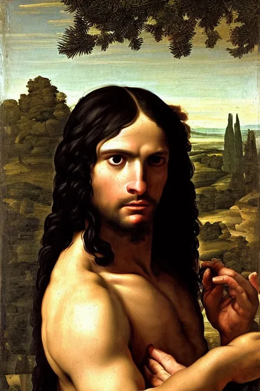 Image similar to renaissance painting of man, long black hair, pleading face, tears dripping from the eyes, emotions closeup, dressed in roman armour, the beautiful garden with pines, ultra detailed, art by Guido Reni style, Vincenzo Catena style