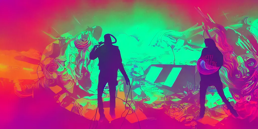 Image similar to rapping into microphone, silhouette, psychedelic, outrun, hip hop, Aurora borealis, trending on Artstation, professional artist, detailed, 4k