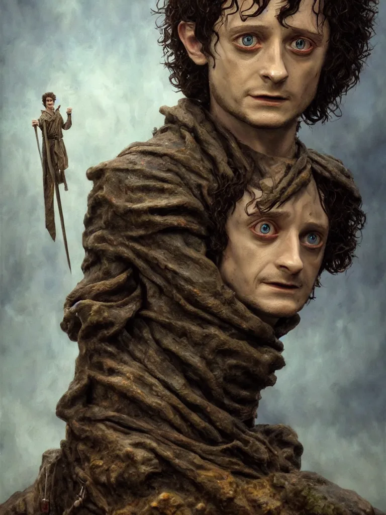 Image similar to tribute sculpture of elijah wood as frodo, epic dark fantasy horror stylized oil painting by ivan shiskin. trending on artstation