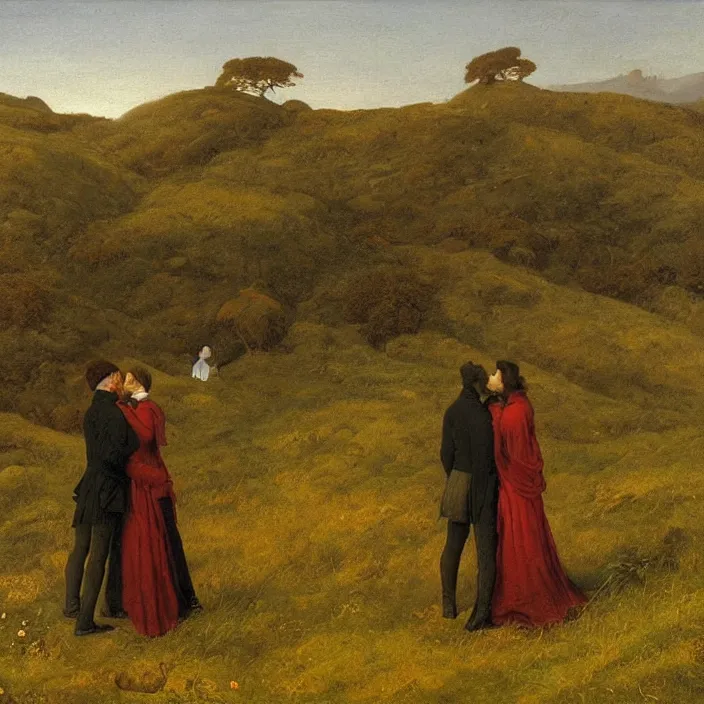 Prompt: adult dark - skinned man and woman kissing on the moorland, painting by caspar david friedrich