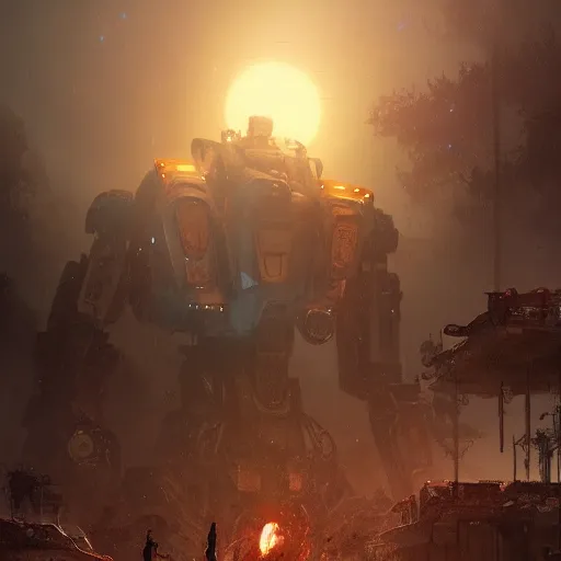 Prompt: giant robots in a post apocalyptic earth as seen by greg rutkowski, dark theme, enchanted, warm colors, high quality, waw, trending on artstation