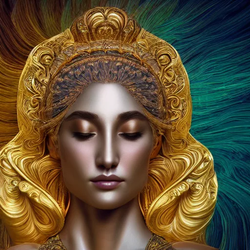 Prompt: goddess made of golden marble, beautiful face, hyper detailed, flowing psychadelic background intricate and detailed, ornate 8 k gorgeous intricate detailed, octane render